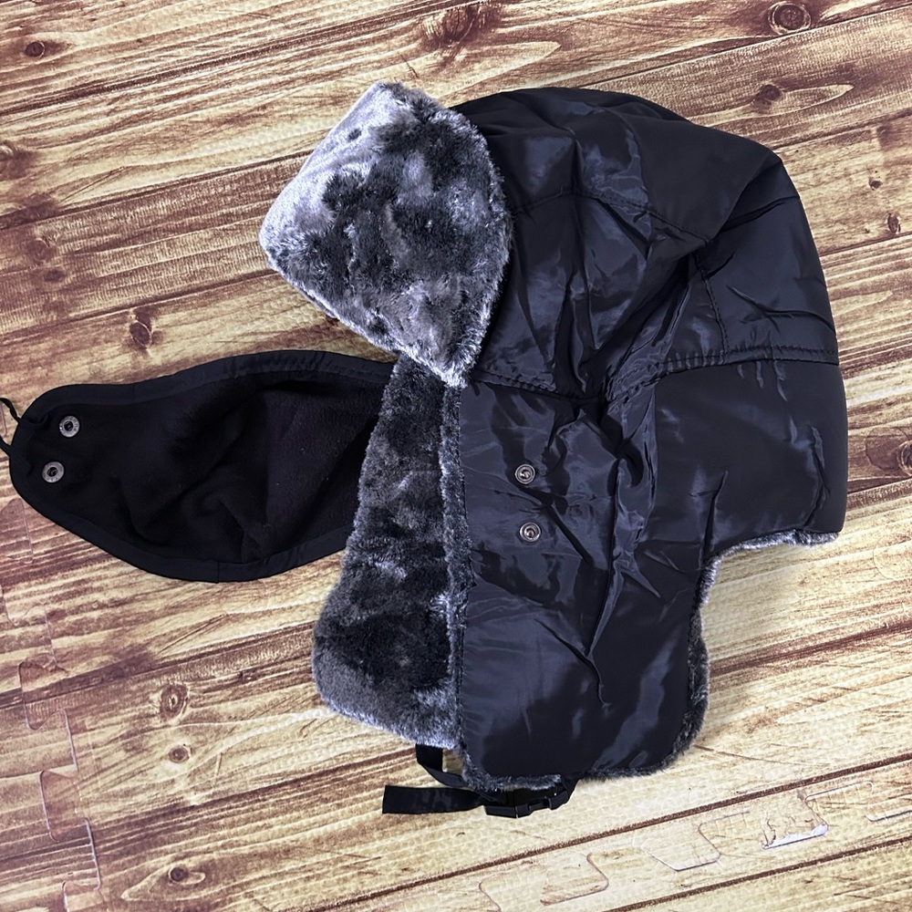 Black Faux Fur Lined Winter Trapper Ear Hat (removable face cover)
